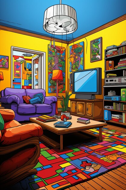 Cartoon living room with colorful furniture and a television generative ai