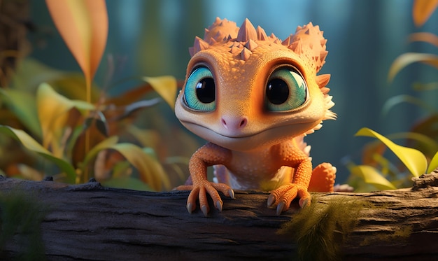 Photo a cartoon lizard with big eyes and big eyes sits on a log