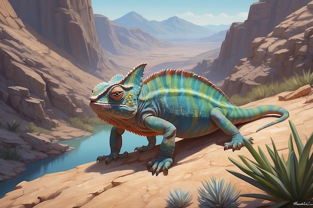 Photo a cartoon of a lizard with a river in the background