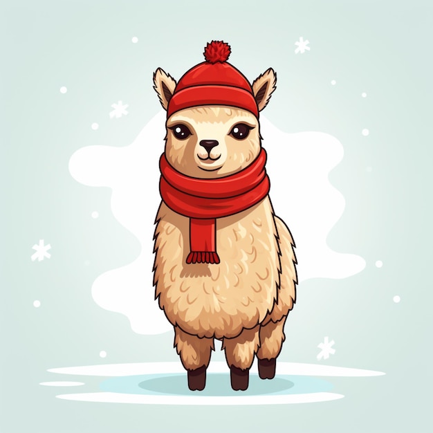 cartoon llama wearing a red hat and scarf standing in the snow generative ai