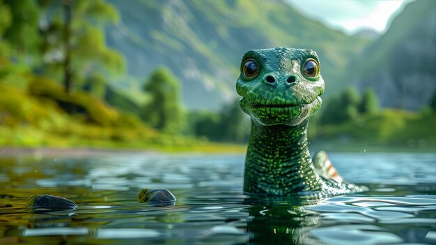 Cartoon Loch Ness monster zwemmen op een meer AI gegenereerd