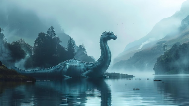 Cartoon Loch Ness monster zwemmen op een meer AI gegenereerd