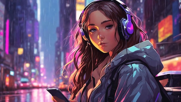Cartoon lofi young manga style girl studying while listening to music