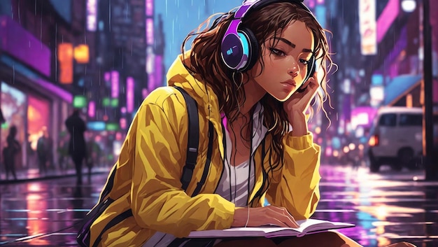 Cartoon lofi young manga style girl studying while listening to music