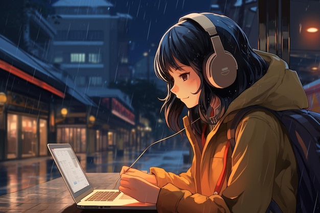 Cartoon lofi young manga style girl studying