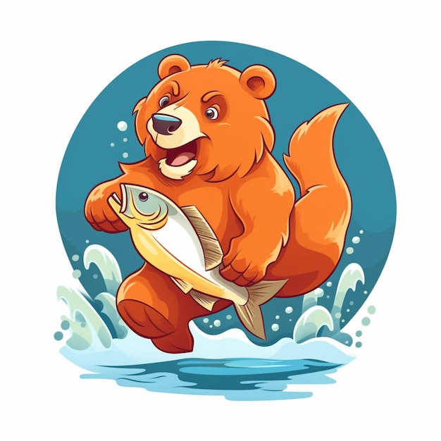 Cartoon logo of a bear carrying a fish 16