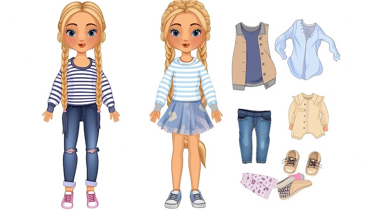 फोटो cartoon long hair braided girl and clothes
