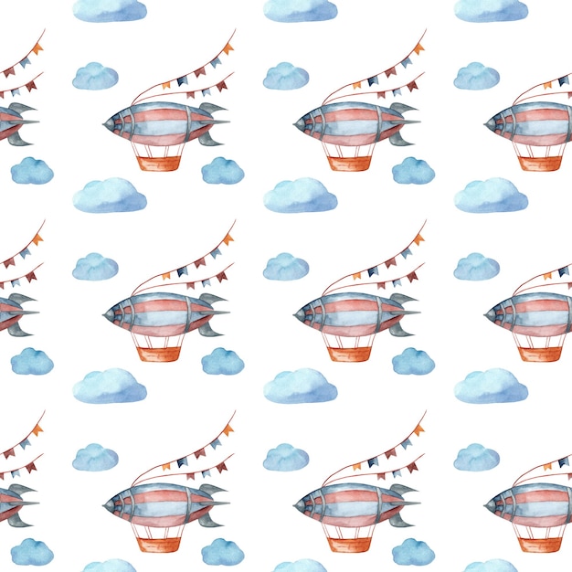 Cartoon luchtschepen en wolken waterverf schattig naadloos patroon voor kinderkamer