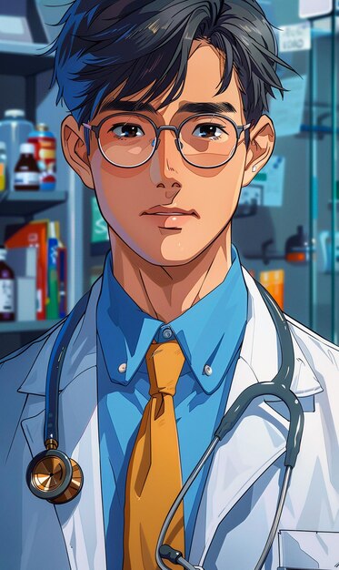 Photo a cartoon of a male doctor with glasses and a stethoscope