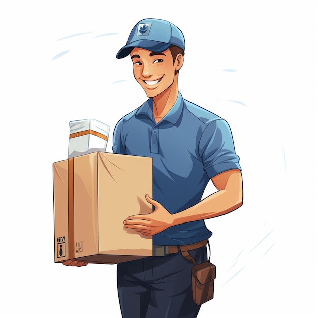 A Cartoon Man In A Blue Shirt And Cap Holding A Box