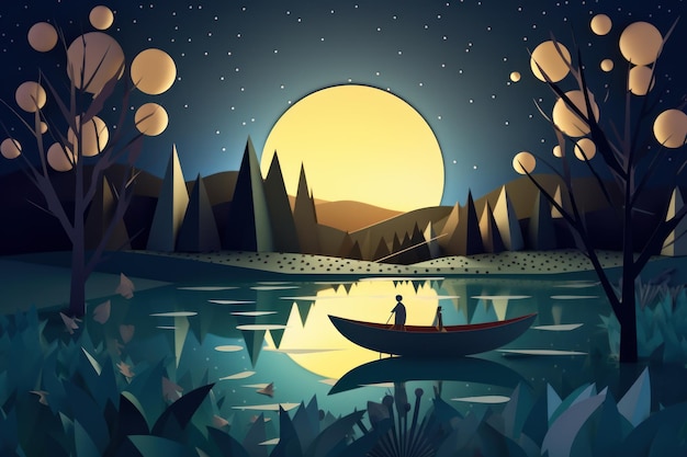 A cartoon of a man in a boat on a lake with a full moon in the background.