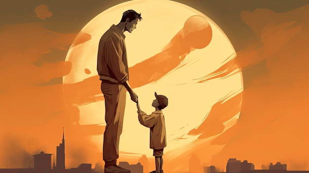 A cartoon of a man and a boy holding hands, the moon is in the background.