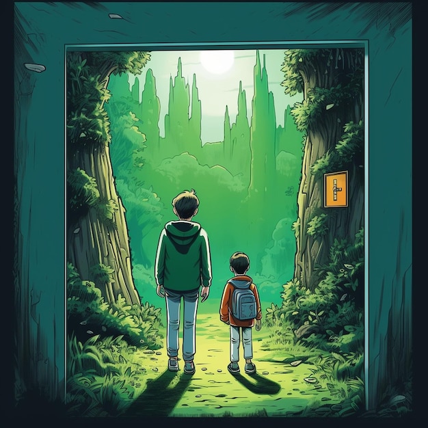 a cartoon of a man and a boy looking at a castle.