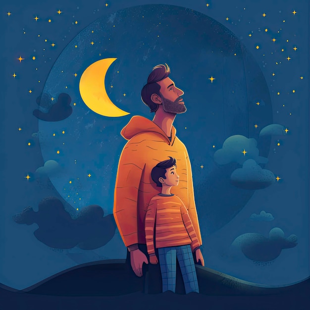 A cartoon of a man and a boy looking at the moon