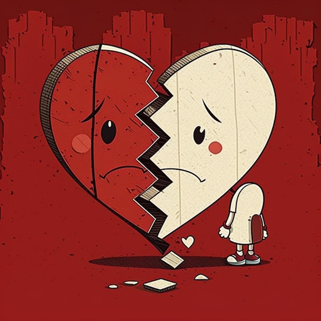 Photo cartoon of a man and a broken heart with a sad face generative ai