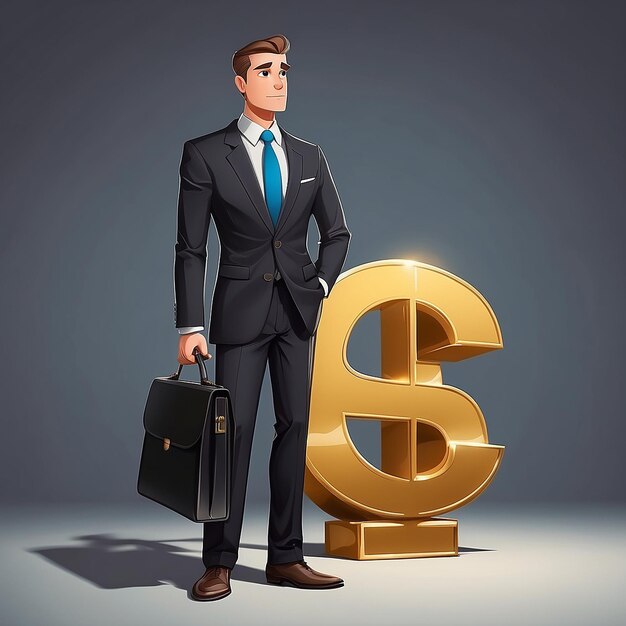 Cartoon A man in a business suit with a briefcase stands near a big golden dollar sign