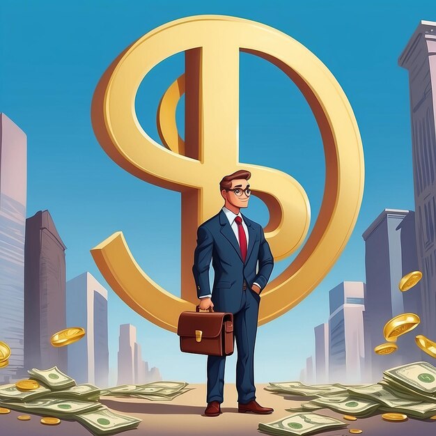 Foto cartone animato un uomo in abito da lavoro con una valigetta in piedi vicino a un grande segno d'oro del dollaro