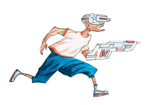 Photo cartoon man in casual clothes with futuristic glasses and weapon running chasing someone