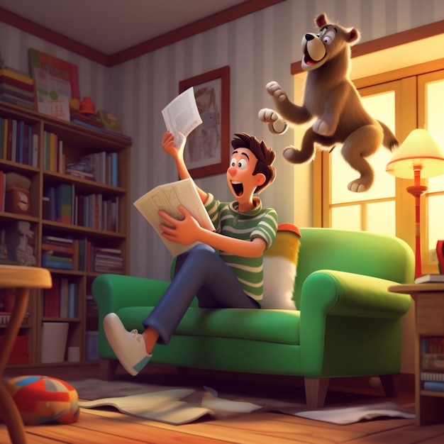 Cartoon man die een boek leest terwijl een kat in de lucht springt generatieve ai
