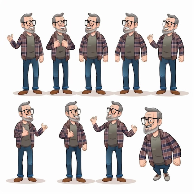 Photo cartoon man in different poses with different facial expressions generative ai