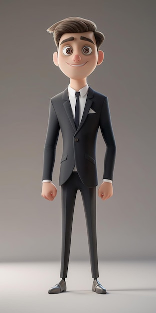 A cartoon man dressed in a suit and tie stands confidently