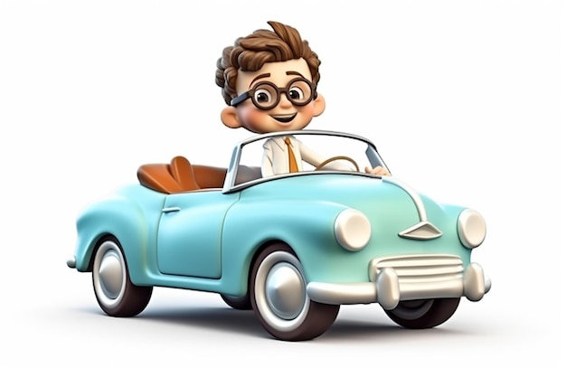 Cartoon man driving a blue car with a brown leather seat generative ai