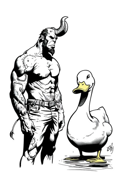 a cartoon of a man and a duck by a duck