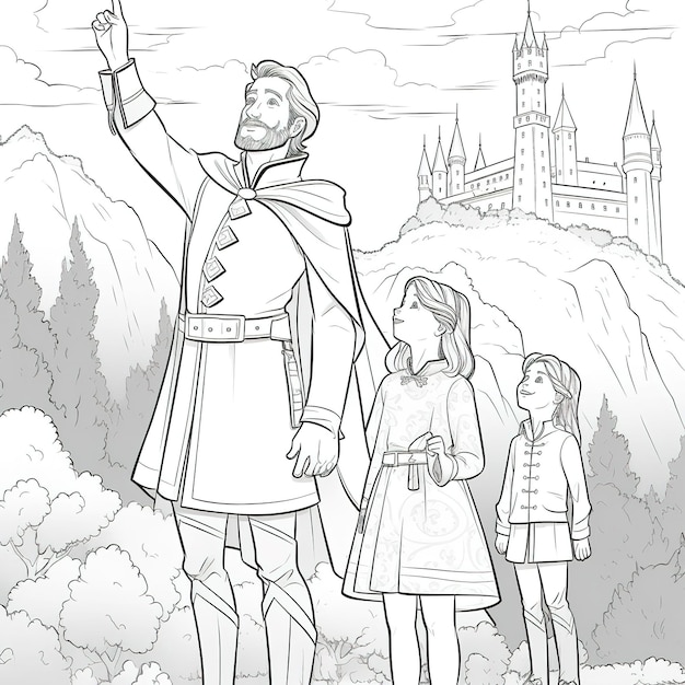 A cartoon of a man and a girl looking at a castle