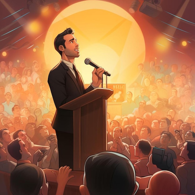 a cartoon of a man giving a speech in front of a crowd of people.