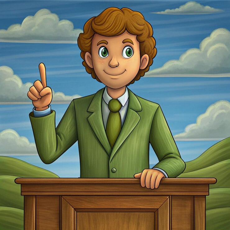 फोटो a cartoon of a man giving a speech with his hand on the podium