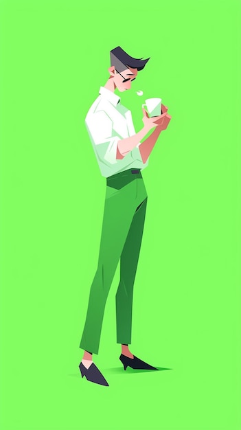 a cartoon man in green pants and a white shirt holding a cup generative ai