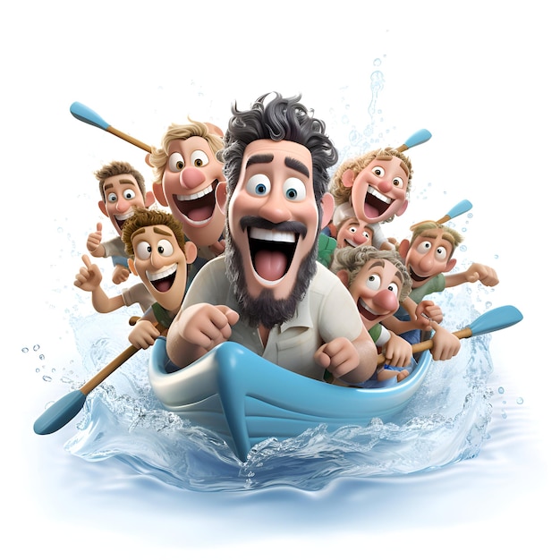 Cartoon man and group of people rowing on a boat 3D illustration