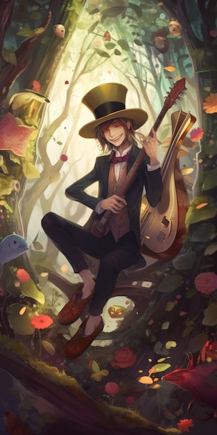 Photo a cartoon of a man in a hat and a hat with a guitar on it.