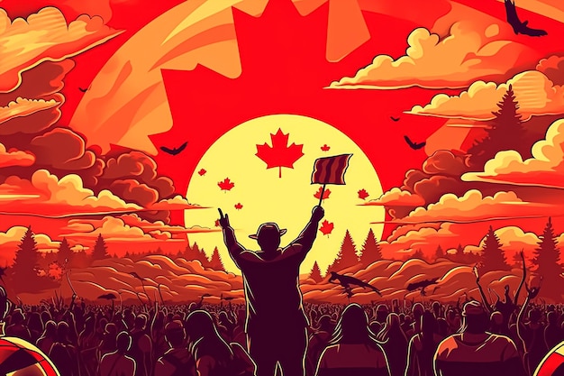 頭の上にカナダの国旗が付いた帽子をかぶった男性の漫画。