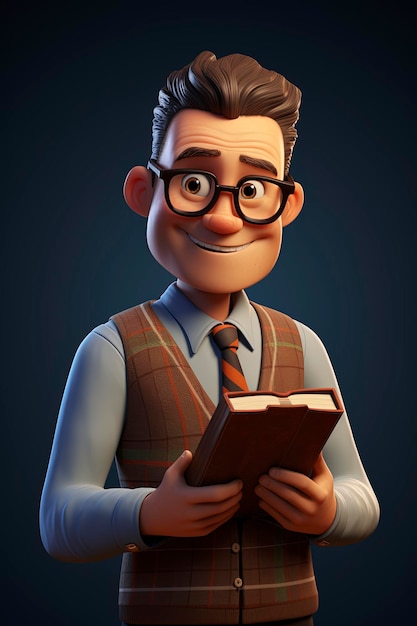 a cartoon of a man holding a book and wearing glasses.