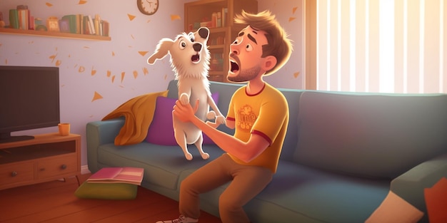 Cartoon man holding a dog in his arms while sitting on a couch generative ai