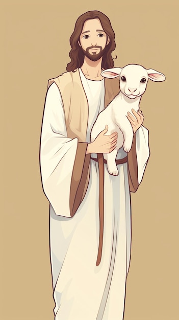 A cartoon of a man holding a lamb