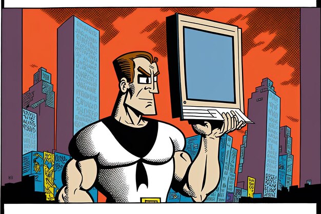 Photo a cartoon of a man holding a tv up to his face