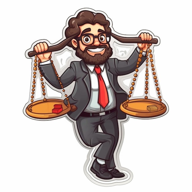 Cartoon man holding two scales of justice with a red heart on the top.