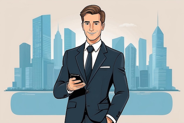 写真 携帯電話を持ったビジネススーツを着た漫画の男