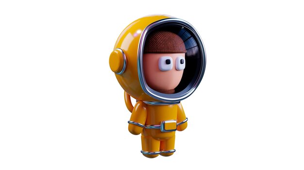 Foto cartoon man in een geel ruimtetuig astronaut front view isoleren op witte achtergrond 3d rendering