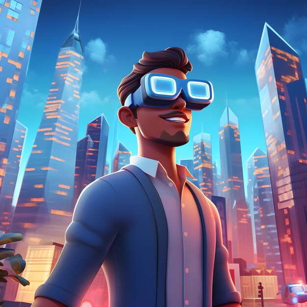 Cartoon man in Vr-bril in de stad