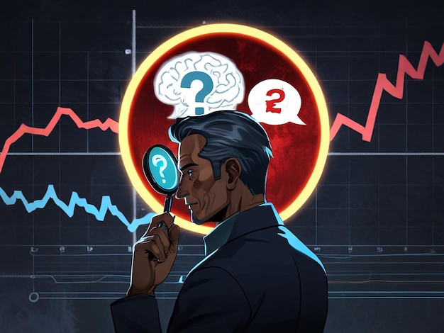 a cartoon of a man looking at a magnifying glass with the word question in it