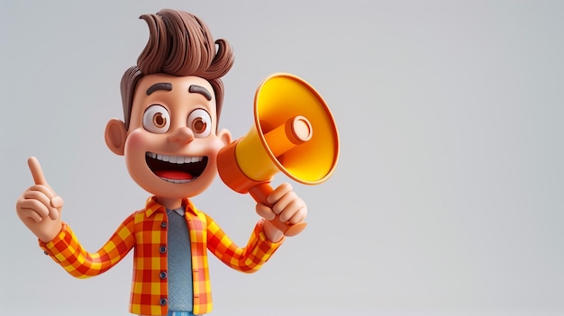 Cartoon man met baard met een luidspreker Reclame- en promotieconcept Trendy 3d-illustratie op witte achtergrond