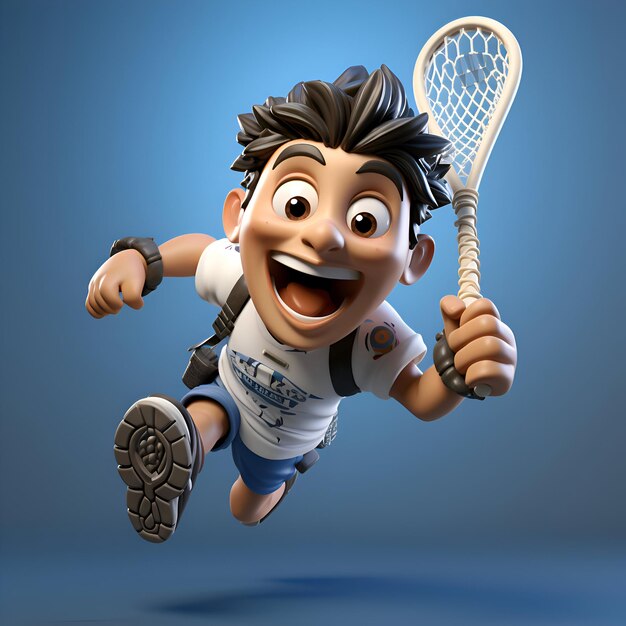 Cartoon man playing lacrosse with a big smile 3d illustration