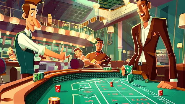 a cartoon of a man playing poker in a casino
