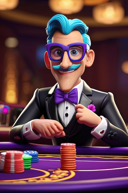 Foto una vignetta di un uomo che gioca a poker con una pila di monete.