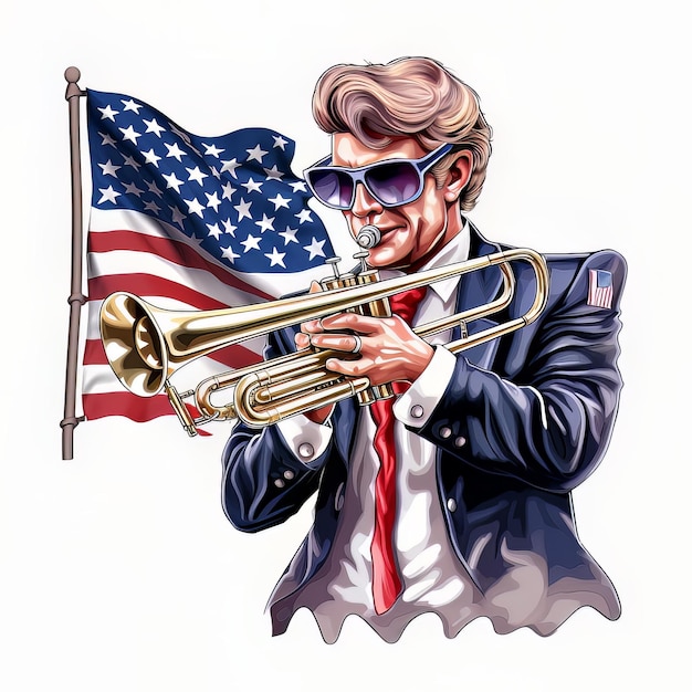 A cartoon of a man playing a trumpet with the american flag behind him.