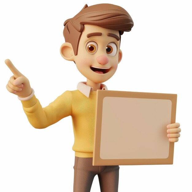 Photo cartoon man pointing at a blank board