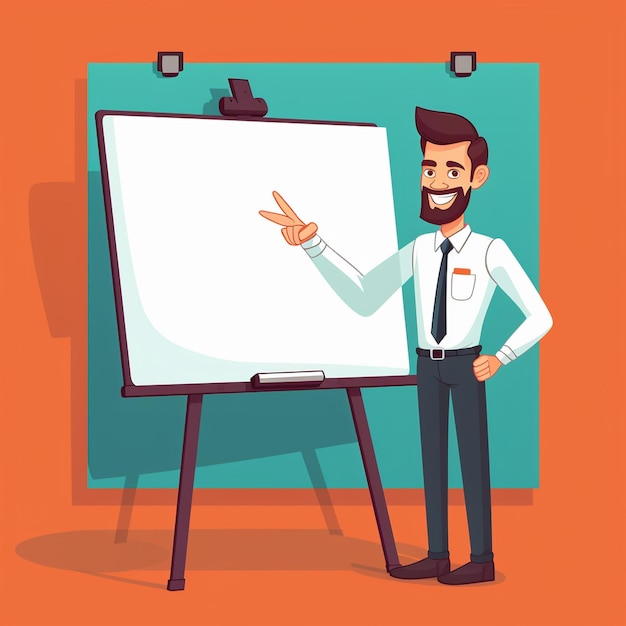 Cartoon man pointing at a white board with a blank board on it